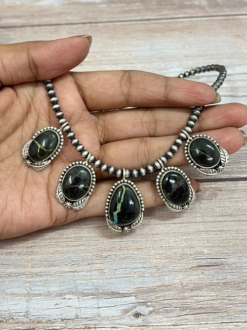 Handmade Sterling Silver Blackjack Turquoise Beaded Necklace with Signed Nizhoni