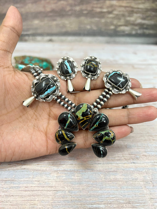 Handmade Sterling Silver Blackjack Turquoise Beaded Squash Blossom Necklace Earrings Set with Signed Nizhoni
