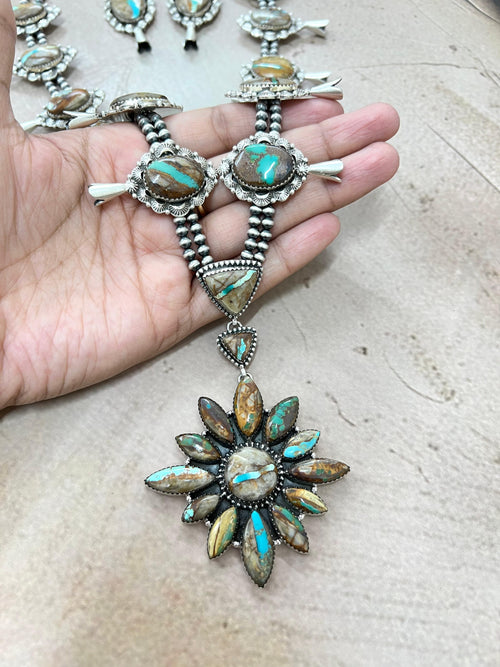 Handmade Sterling Silver Ribbon Royston Beaded Necklace Earrings Set, Signed Nizhoni