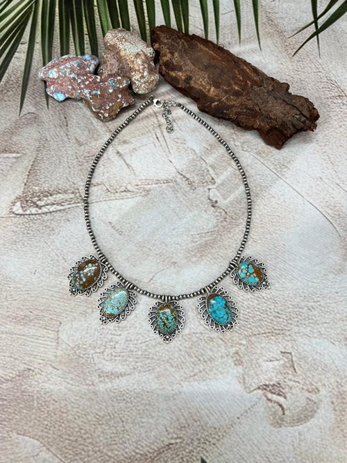 Handmade Sterling Silver Number 8 Turquoise Beaded Necklace with Signed Nizhoni