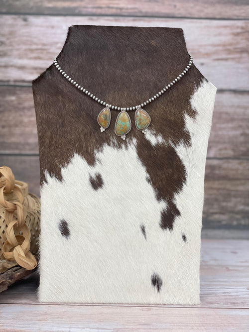 Handmade Sterling Silver Old Stock Royston Turquoise Beaded Necklace with Signed Nizhoni