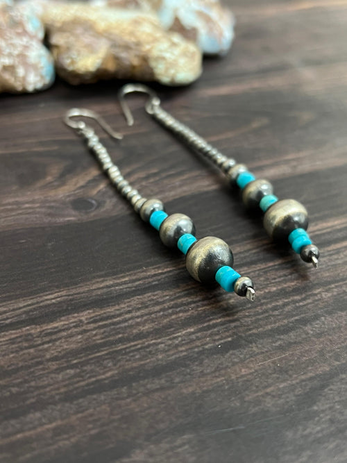 Handmade Sterling Silver Kingman Turquoise Beaded Hook Earrings with Signed Nizhoni