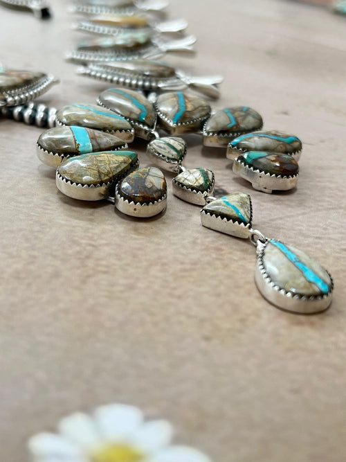 Handmade Sterling Silver Ribbon Royston Beaded Squash Blossom Necklace Earrings Set, Signed Nizhoni