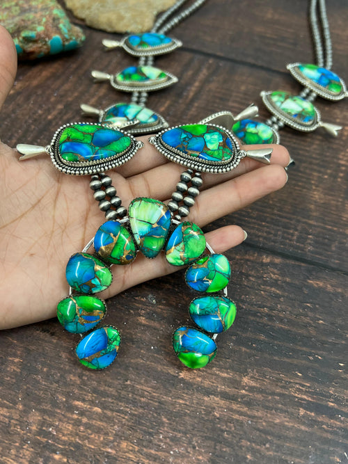 Handmade Sterling Silver Peacock Dahlia Beaded Necklace with Signed Nizhoni