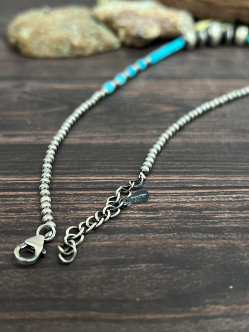 Handmade Sterling Silver Kingman Turquoise Beaded Necklace with Signed Nizhoni