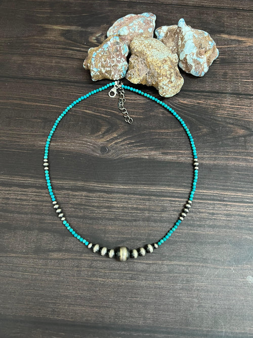Handmade Sterling Silver Kingman Turquoise Beaded Necklace with Signed Nizhoni
