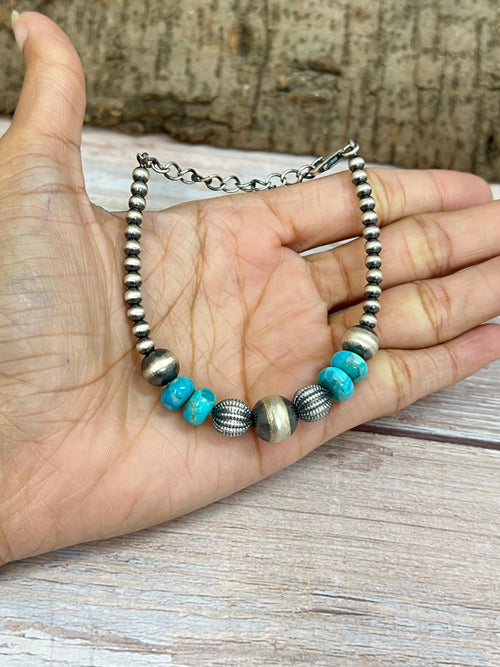 Handmade Sterling Silver Kingman Turquoise Beaded Bracelet with Signed Nizhoni