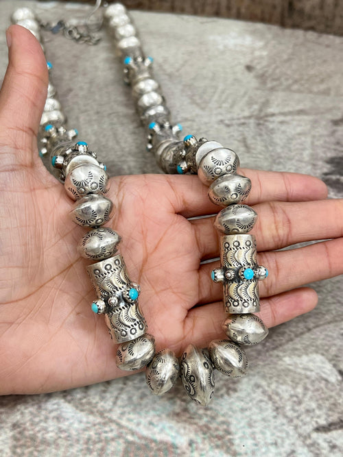Handmade Sterling Silver & Turquoise Beaded Necklace Signed Nizhoni