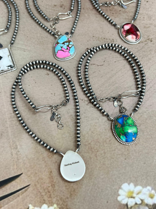 Handmade Sterling Silver Multi Stone Beaded Necklace, Signed Nizhoni