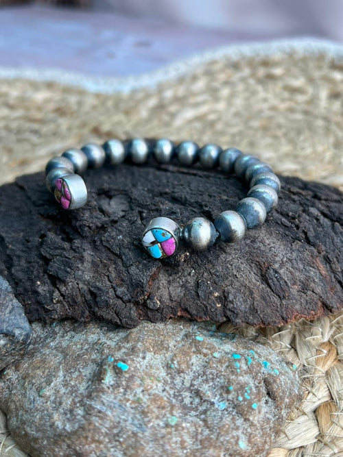 Handmade Sterling Silver Beaded Cotton Candy Cuff Bracelet "Signed Nizhoni"