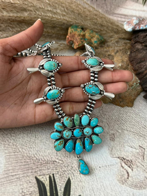 Handmade Sterling Silver Santa Maria Turquoise Squash Blossom Beaded Necklace "Signed Nizhoni"