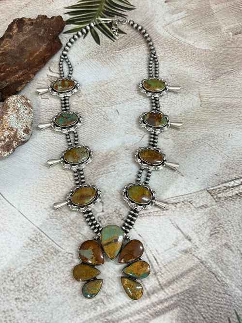 Handmade Sterling Silver Old Stock Royston Turquoise Beaded Squash Blossom Necklace Signed Nizhoni