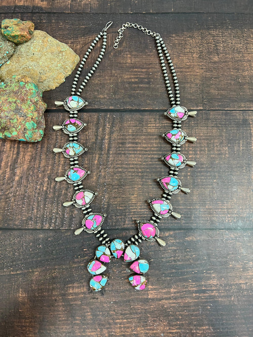 Handmade Sterling Silver Cotton Candy Turquoise Squash Blossom Necklace with Signed Nizhoni