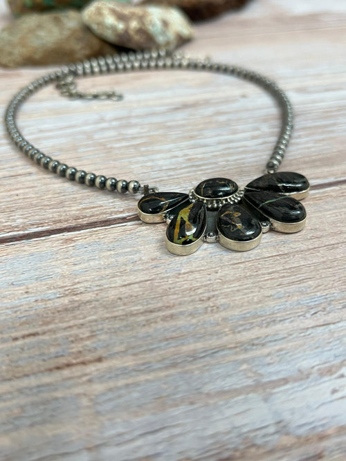 Handmade Sterling Silver Blackjack Turquoise Beaded Necklace with Signed Nizhoni