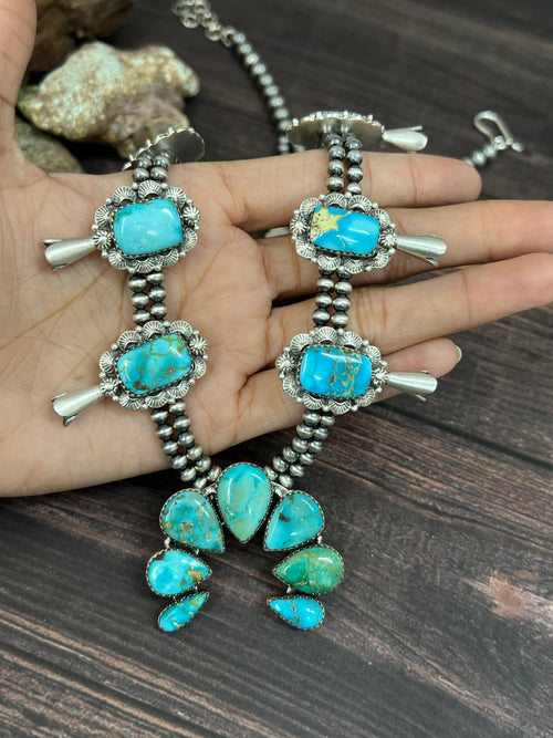 Handmade Sterling Silver South Hill Turquoise Beaded Necklace with Signed Nizhoni