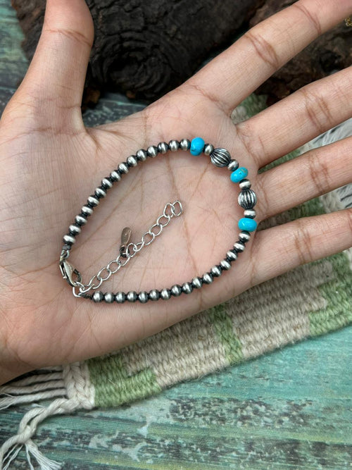 Handmade Sterling Silver Kingman Turquoise Beaded Bracelet "Signed Nizhoni"