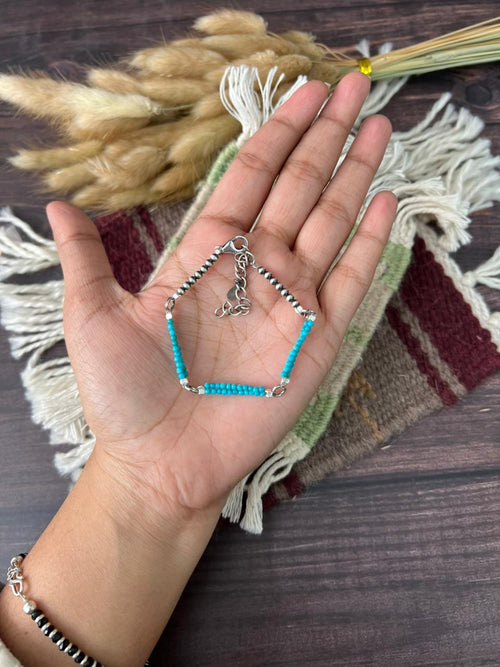 Handmade Sterling Silver Kingman Turquoise Beaded Bracelet "Signed Nizhoni"