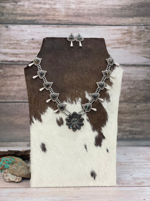 Handmade Sterling Silver Blackjack Turquoise Beaded Necklace Earrings Set with Signed Nizhoni