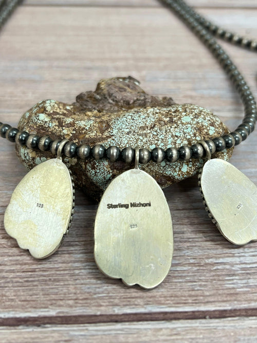 Handmade Sterling Silver Blackjack Turquoise Beaded Necklace with Signed Nizhoni