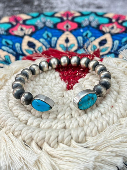 Handmade Sterling Silver Beaded Arizona Blue Turquoise Cuff Bracelet "Signed Nizhoni"