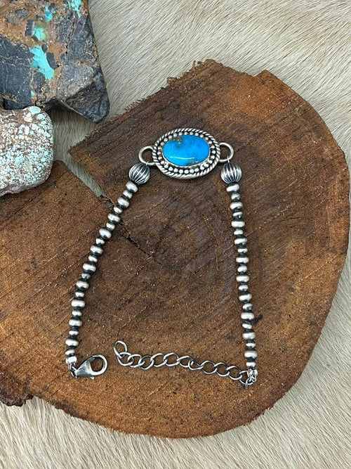 Handmade Sterling Silver Beaded Arizona Blue Turquoise Chain Bracelet "Signed Nizhoni"