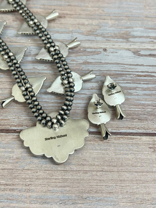 Handmade Sterling Silver Blackjack Turquoise Beaded Necklace Earrings Set with Signed Nizhoni