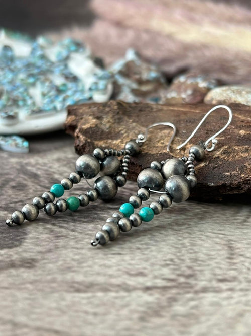 Handmade Sterling Silver Kingman Turquoise Hook Dangle Beaded Earrings