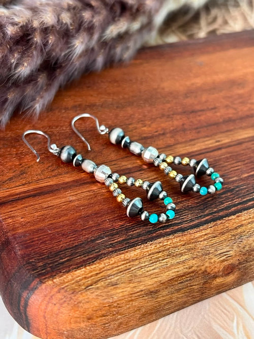 Handmade Sterling Silver Kingman Turquoise Beaded Hook Dangle Earrings