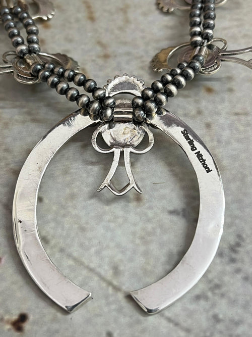 Handmade Sterling Silver Kingman Turquoise Beaded Squash Blossom Necklace with Signed Nizhoni