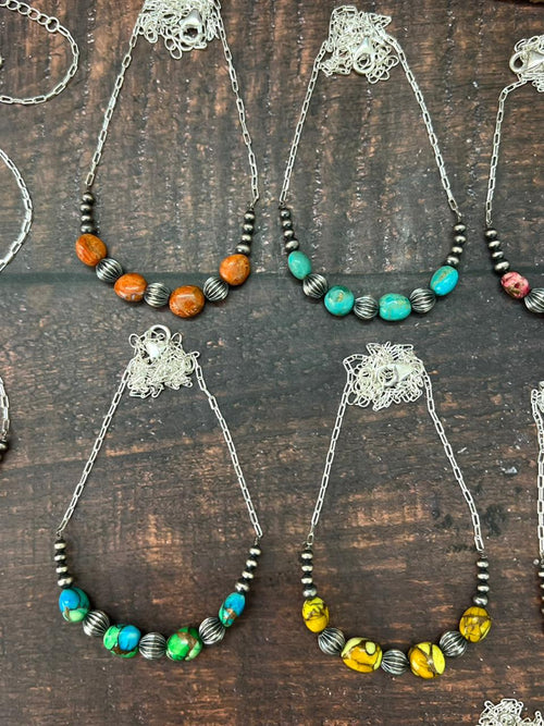 Handmade Sterling Silver Beaded Multi Stone Necklace "Signed Nizhoni"
