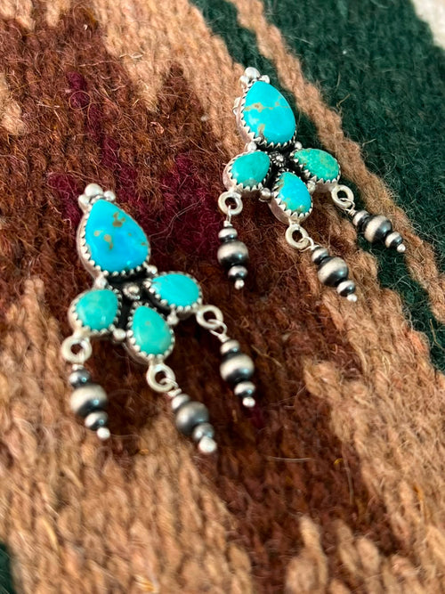 Handmade Sterling Silver Santa Maria Turquoise Post Dangle Beaded Earrings Signed Nizhoni