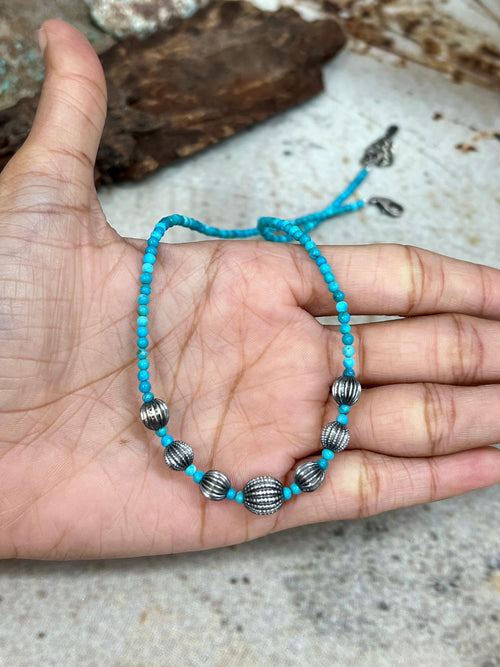 Handmade Sterling Silver Kingman Turquoise Beaded Choker Necklace Signed Nizhoni