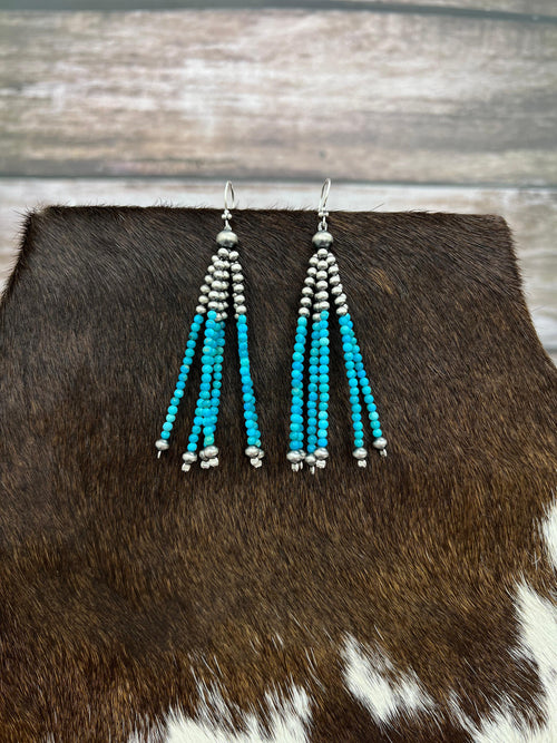 Handmade Sterling Silver Kingman Turquoise Beaded Hook Earrings with Signed Nizhoni