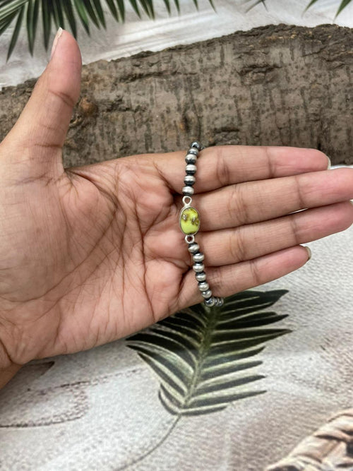 Handmade Sterling Silver Palomino Turquoise Beaded Chain Bracelet with Signed Nizhoni