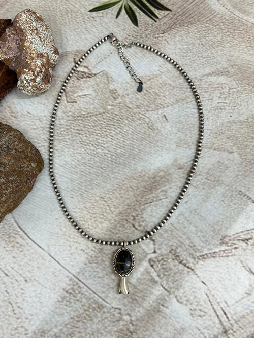 Handmade Sterling Silver Beaded Blackjack Turquoise Blossom Necklace Signed Nizhoni