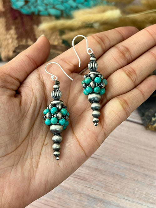 Handmade Sterling Silver Kingman Turquoise Hook Dangle Beaded Earrings