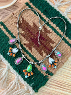Handmade Sterling Silver Spring Collection: Sonoran Mountain with Orange Mojave, Cotton Candy and White Buffalo Beaded Necklace "Signed Nizhoni"