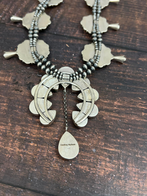 Handmade Sterling Silver Peacock Dahlia Beaded Necklace with Signed Nizhoni