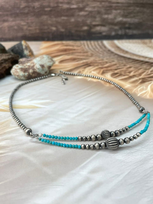 Handmade Sterling Silver Kingman Turquoise Beaded Necklace "Signed Nizhoni"