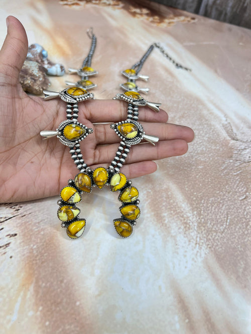 Handmade Sterling Silver Honey Dahlia Squash Blossom Necklace with Signed Nizhoni