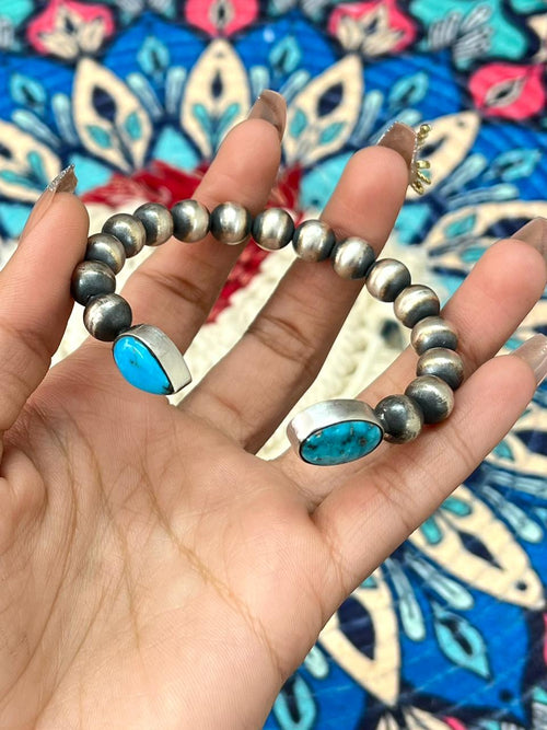 Handmade Sterling Silver Beaded Arizona Blue Turquoise Cuff Bracelet "Signed Nizhoni"