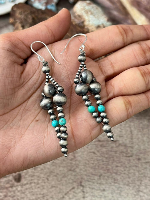 Handmade Sterling Silver Kingman Turquoise Hook Dangle Beaded Earrings
