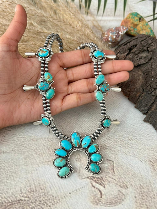 Handmade Sterling Silver Santa Maria Turquoise Squash Blossom Beaded Necklace "Signed Nizhoni"