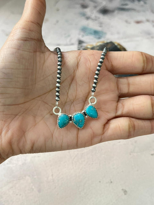 Handmade Sterling Silver White Water Turquoise Beaded Necklace "Signed Nizhoni"