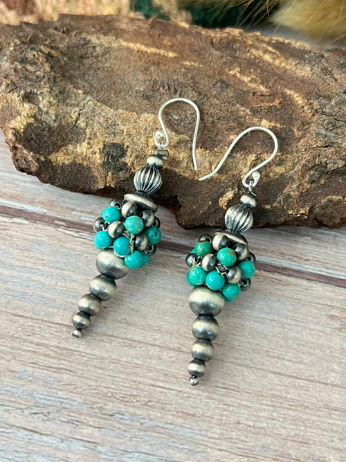 Handmade Sterling Silver Kingman Turquoise Hook Dangle Beaded Earrings
