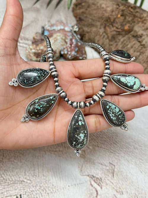 Handmade Sterling Silver Lander Turquoise Beaded Necklace with Signed Nizhoni