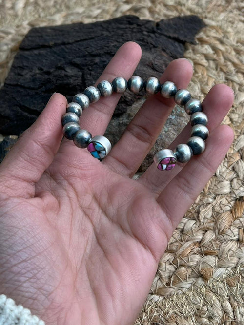 Handmade Sterling Silver Beaded Cotton Candy Cuff Bracelet "Signed Nizhoni"
