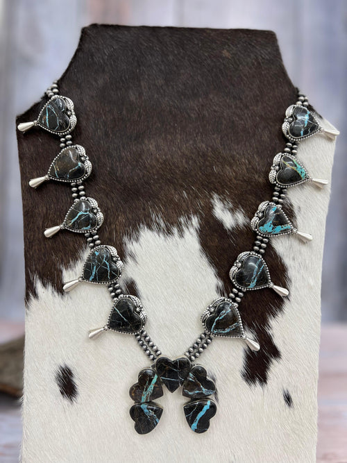 Handmade Sterling Silver Black Jack Beaded Squash Blossom Necklace with Signed Nizhoni