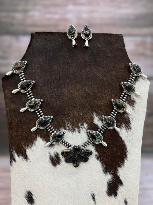 Handmade Sterling Silver Blackjack Turquoise Beaded Necklace Earrings Set with Signed Nizhoni