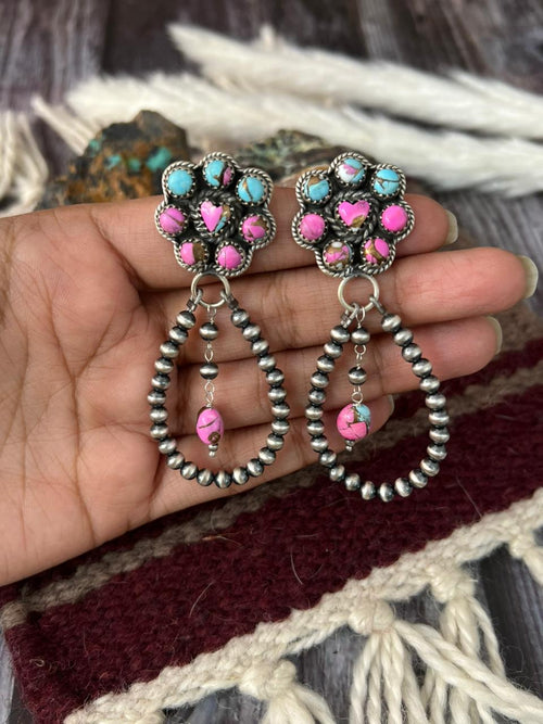 Handmade Sterling Silver Cotton Candy Post Beaded Dangle Earrings "Signed Nizhoni"
